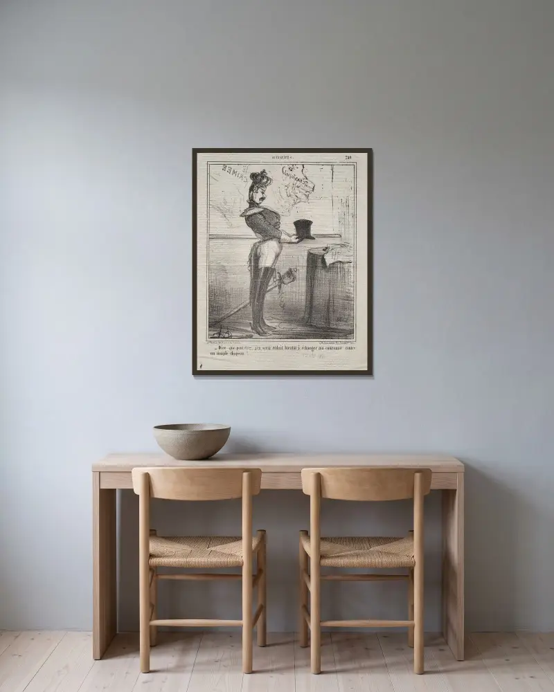 Att tänka sig att jag snart kan tvingas byta ut min krona mot en enkel hatt! av Honoré Daumier inramad på en vägg