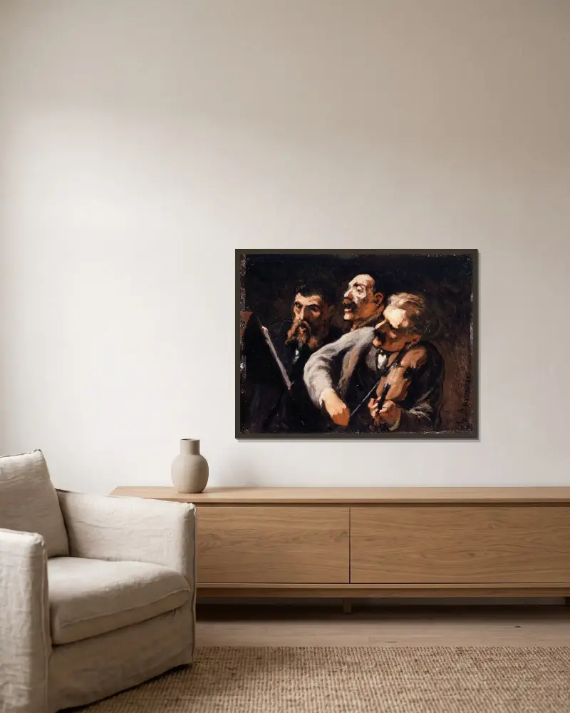 Tre amatörer av Honoré Daumier inramad på en vägg