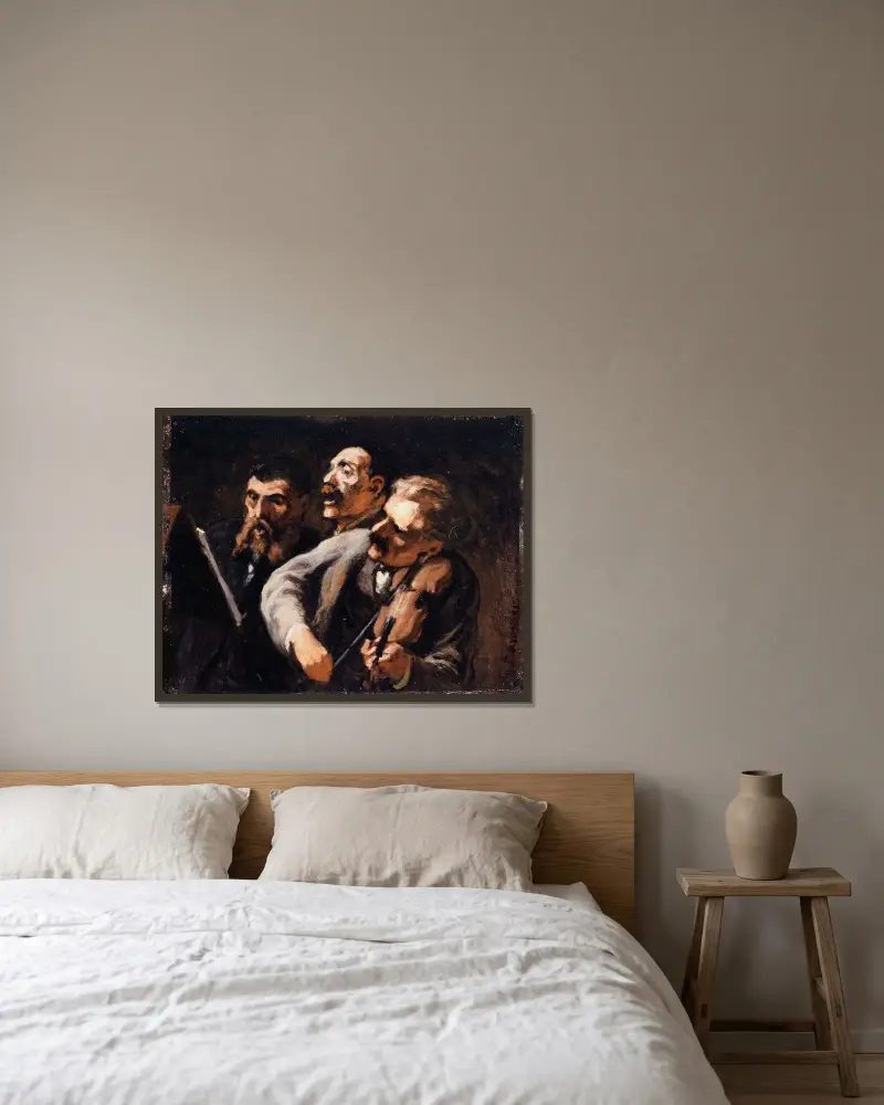 Tre amatörer av Honoré Daumier inramad på en vägg