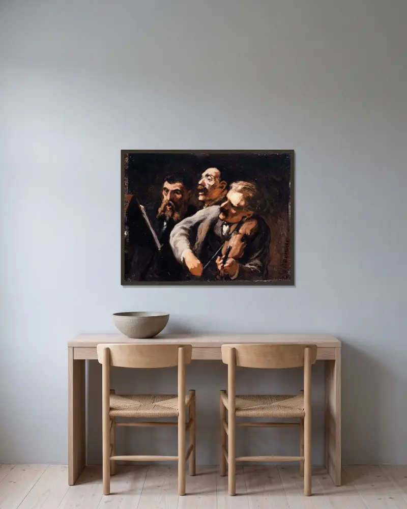 Tre amatörer av Honoré Daumier inramad på en vägg