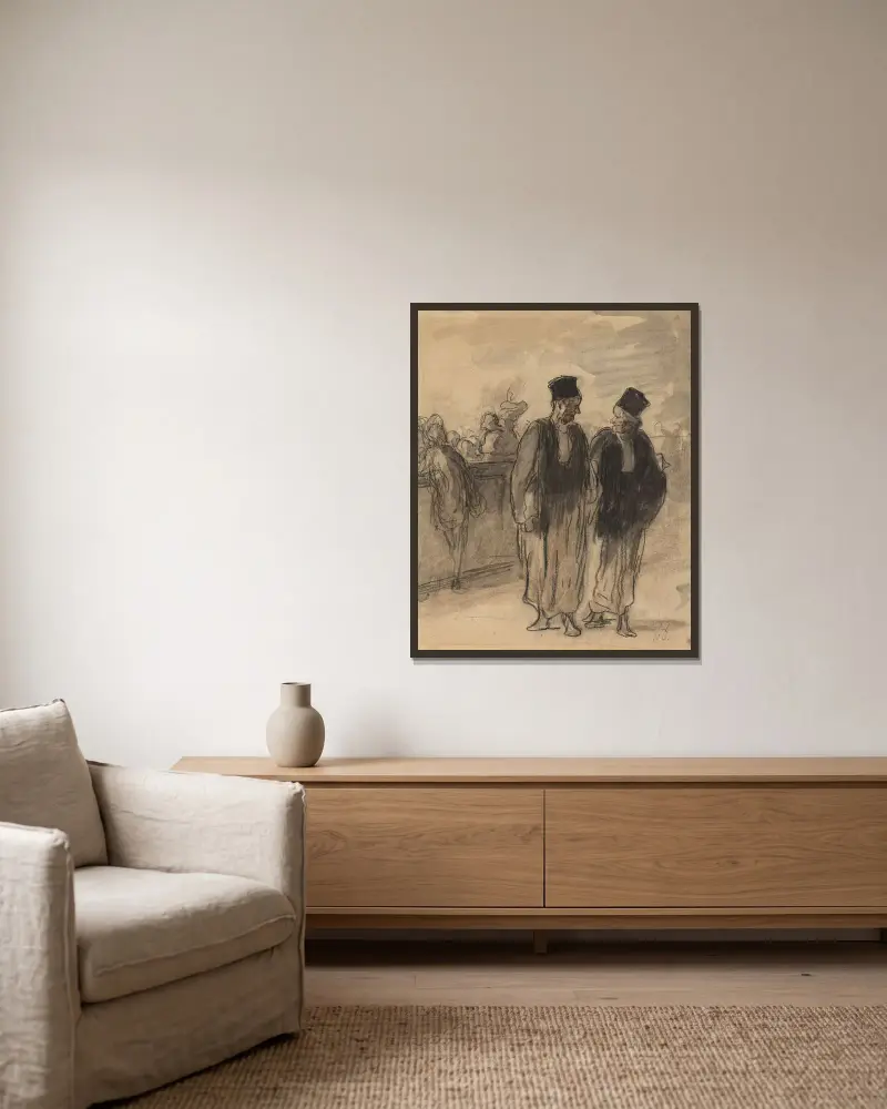 Två advokater av Honoré Daumier inramad på en vägg