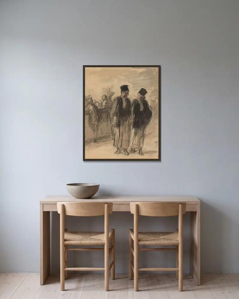 Två advokater av Honoré Daumier inramad på en vägg