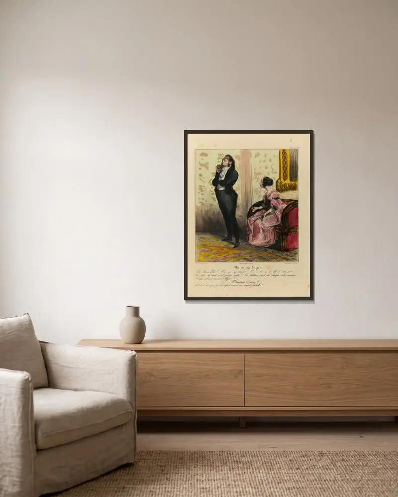 Ett penninggifte av Honoré Daumier inramad på en vägg