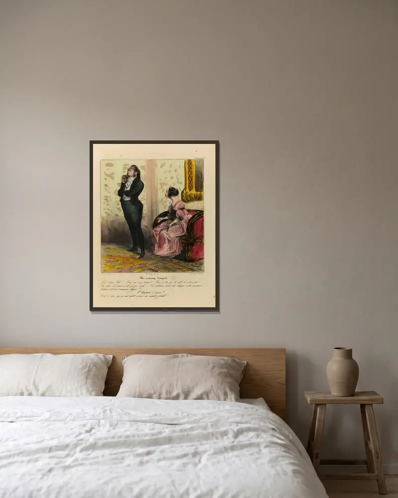 Ett penninggifte av Honoré Daumier inramad på en vägg