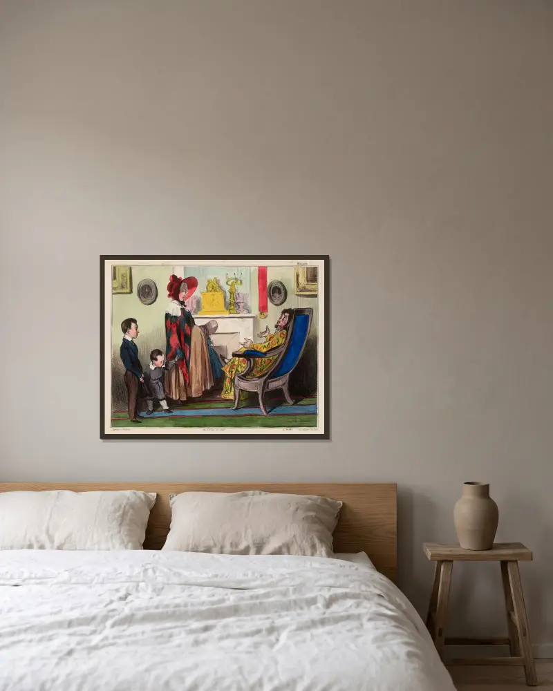 En hyresvärd av Honoré Daumier inramad på en vägg