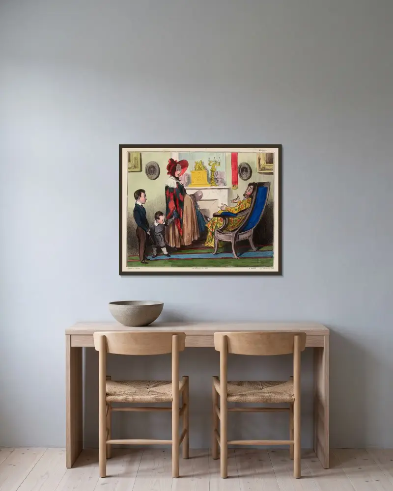 En hyresvärd av Honoré Daumier inramad på en vägg