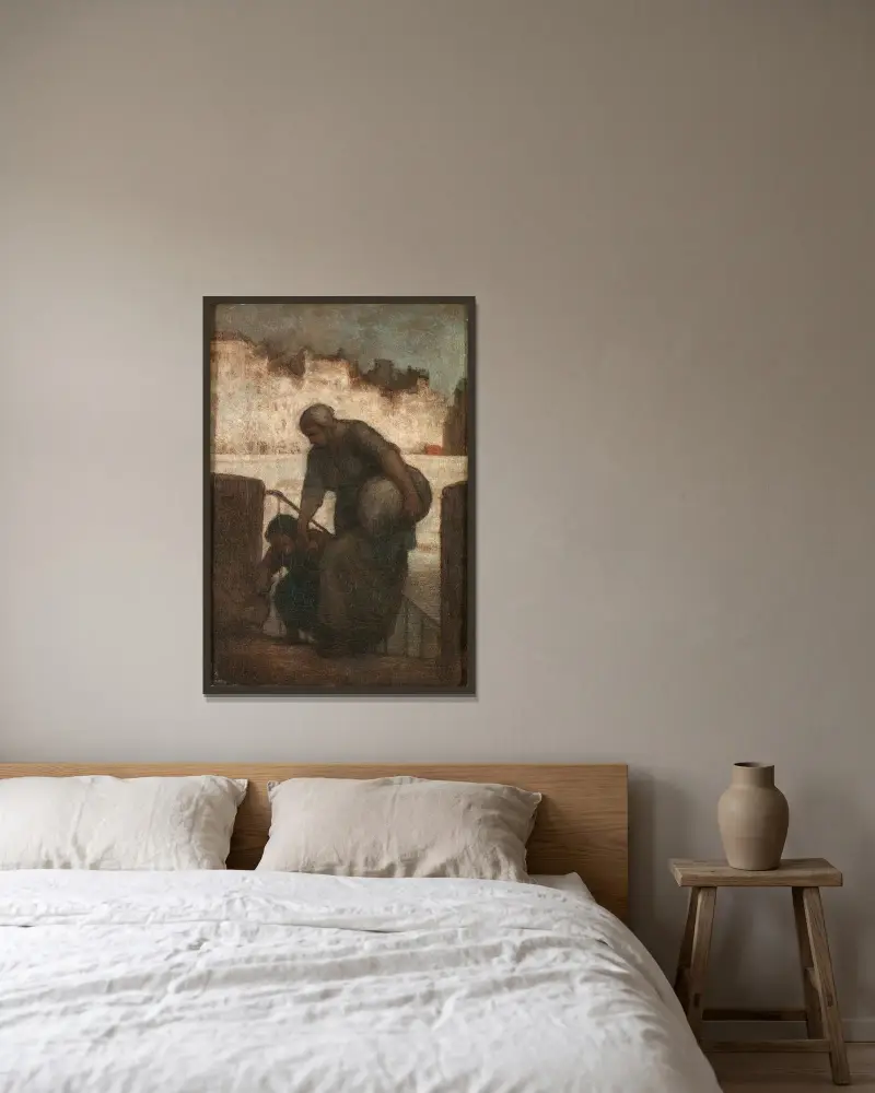 Tvätterska på Quai d'Anjou av Honoré Daumier inramad på en vägg