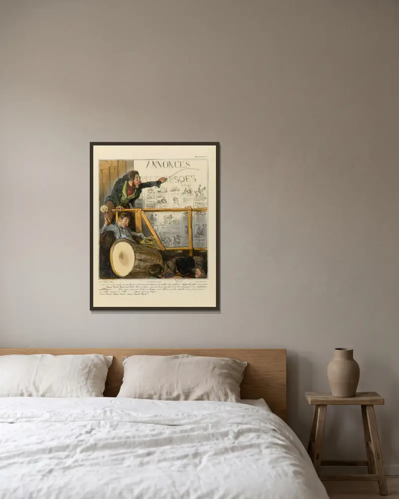 Voulez-vous de l’or, voulez-vous de l’argent, voulez-vous des diamants, des millions, des milliasses Approchez, faites av Honoré Daumier inramad på en vägg