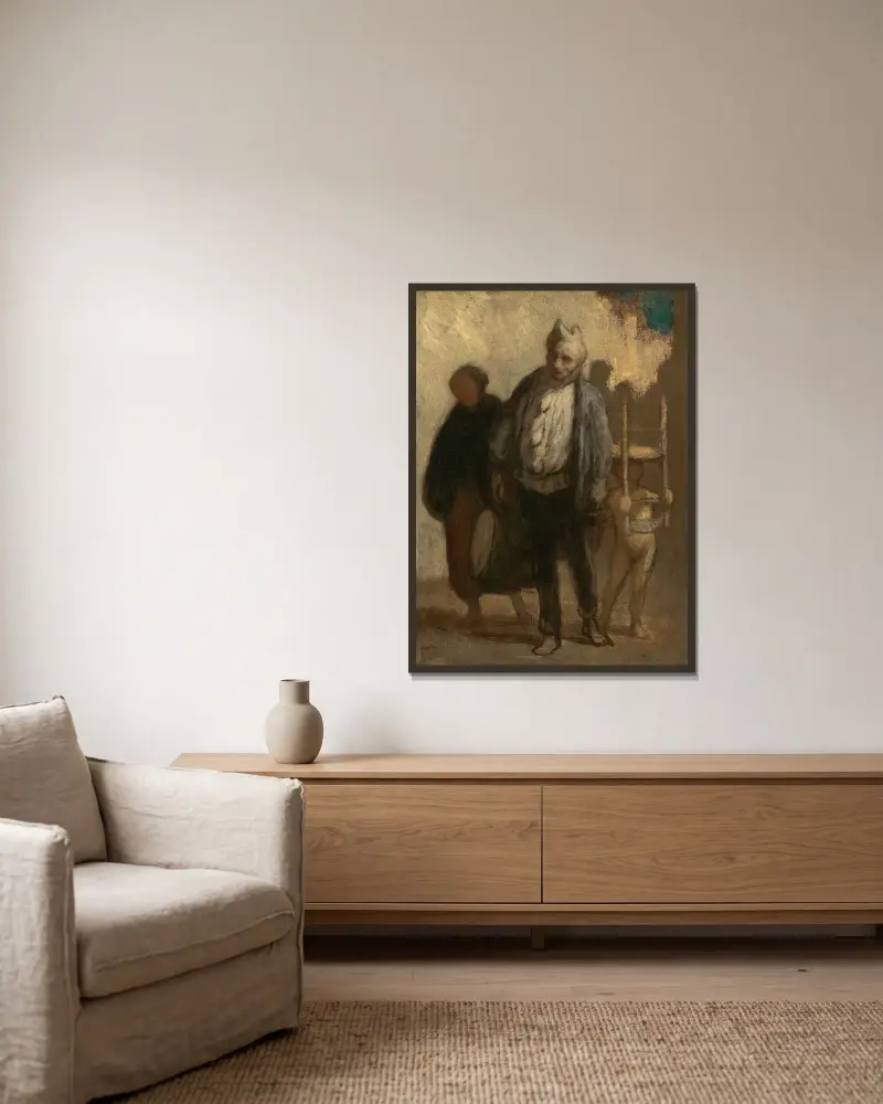 Kringvandrande saltimbanquer av Honoré Daumier inramad på en vägg