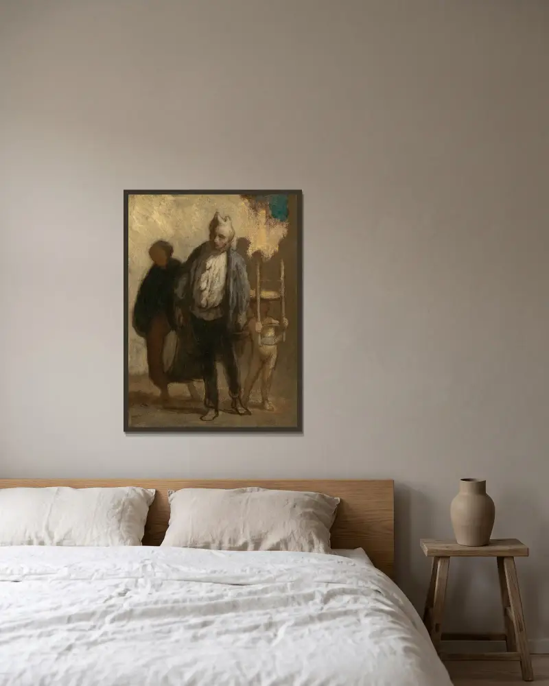 Kringvandrande saltimbanquer av Honoré Daumier inramad på en vägg