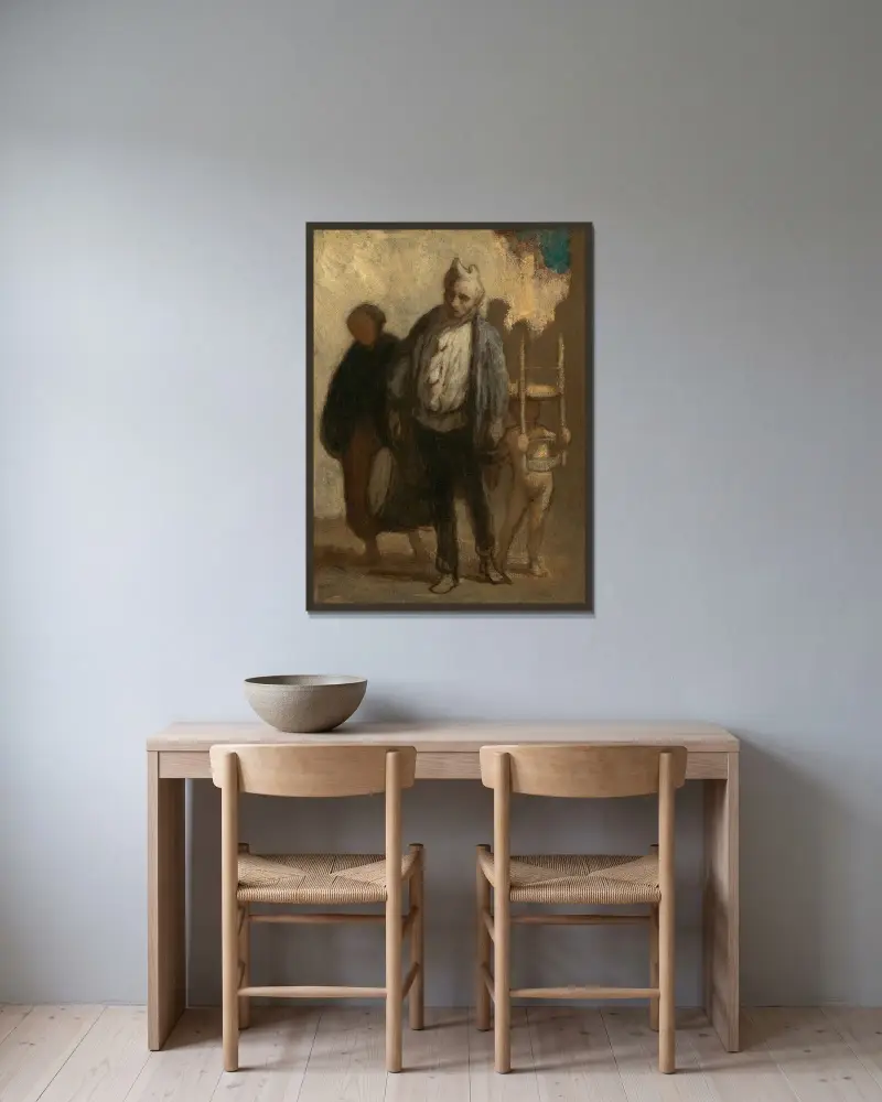 Kringvandrande saltimbanquer av Honoré Daumier inramad på en vägg