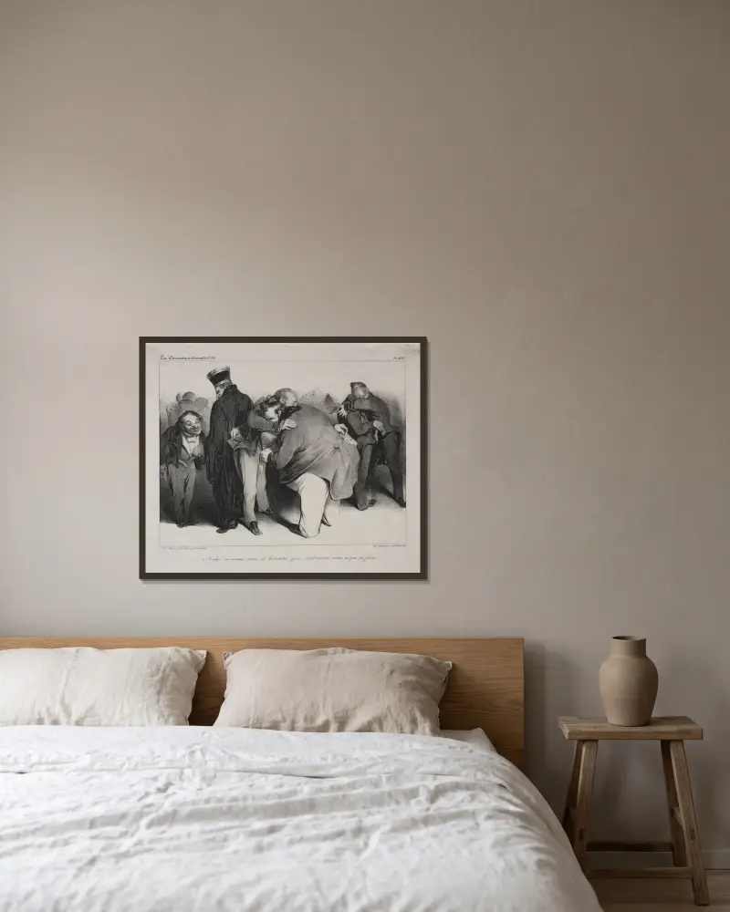 We are all honest men, so let us embrace and be done with it av Honoré Daumier inramad på en vägg