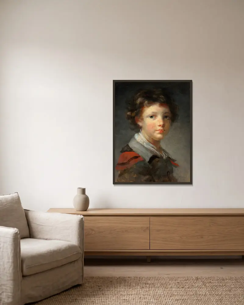 A Boy in a Red-lined Cloak av Jean-Honoré Fragonard inramad på en vägg