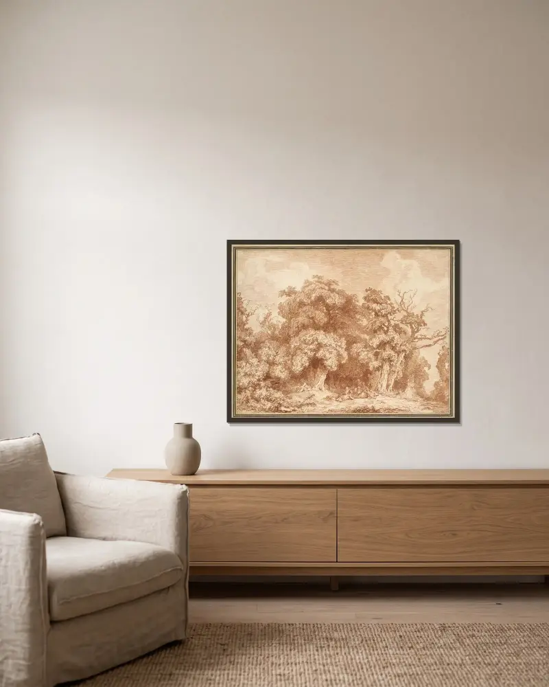 A Gathering at Wood’s Edge av Jean-Honoré Fragonard inramad på en vägg