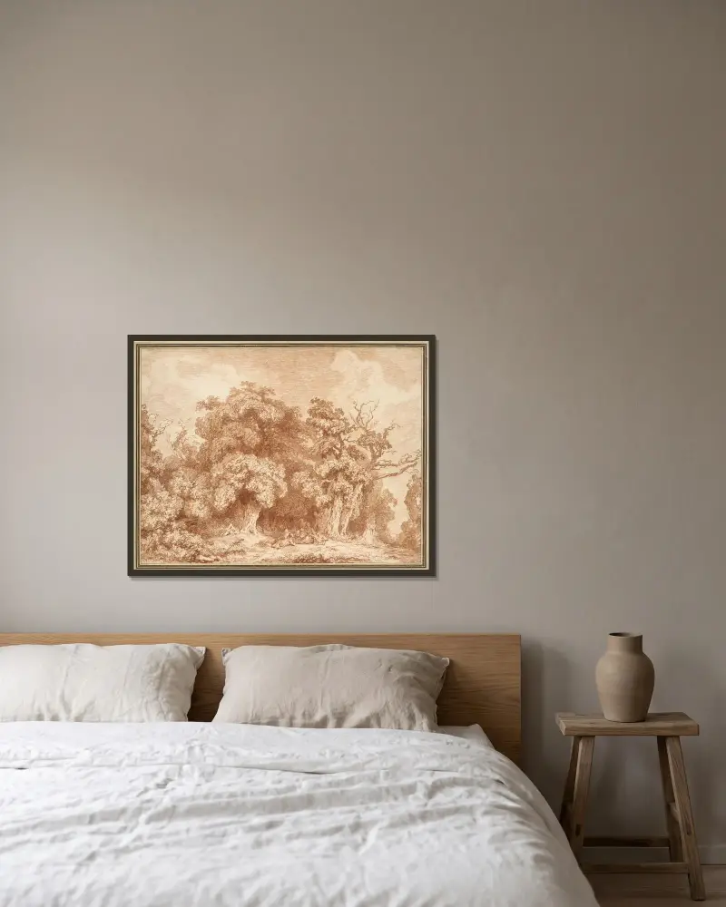A Gathering at Wood’s Edge av Jean-Honoré Fragonard inramad på en vägg