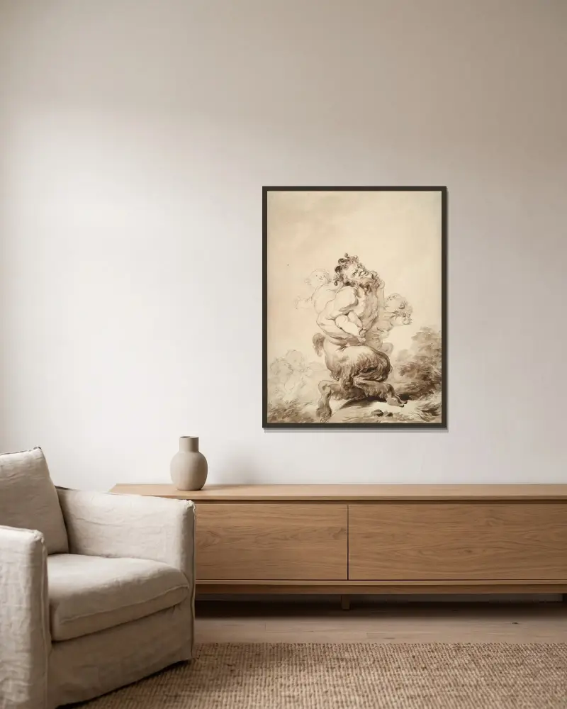 A Satyr Teased by Two Putti av Jean-Honoré Fragonard inramad på en vägg