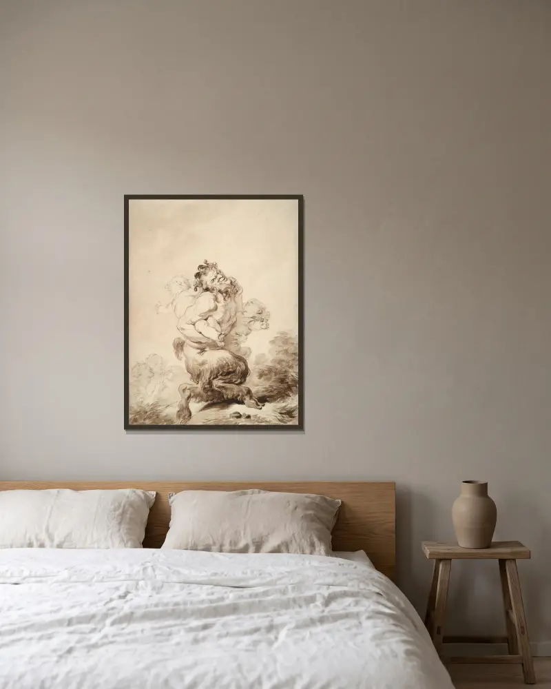 A Satyr Teased by Two Putti av Jean-Honoré Fragonard inramad på en vägg