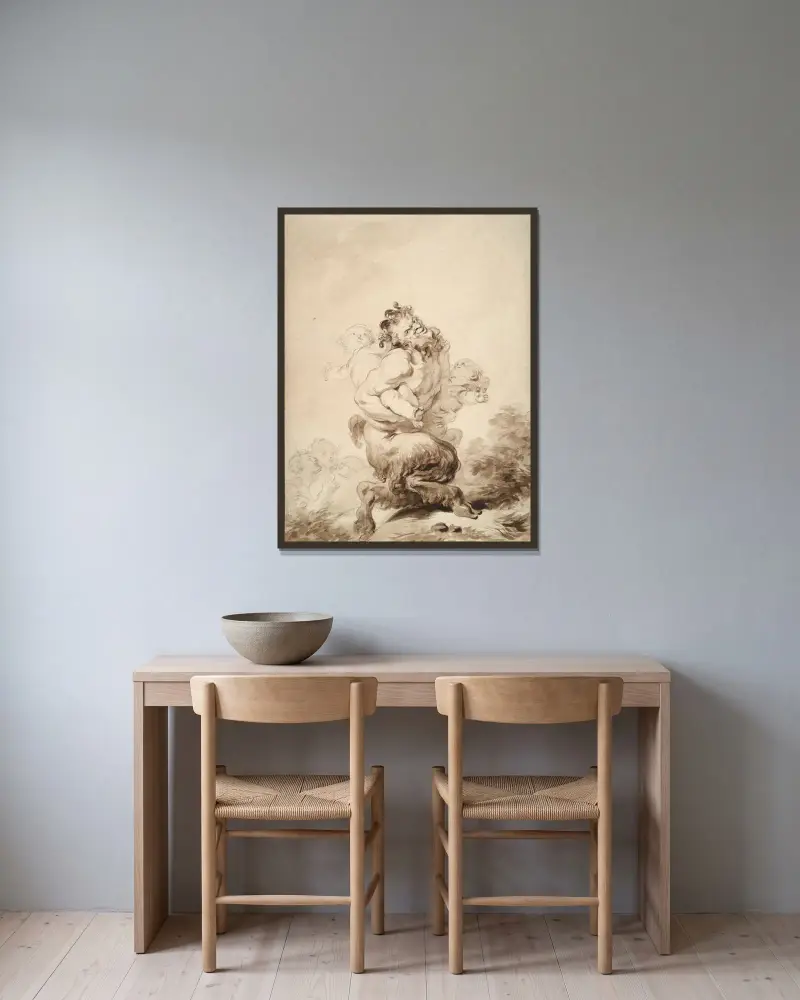 A Satyr Teased by Two Putti av Jean-Honoré Fragonard inramad på en vägg