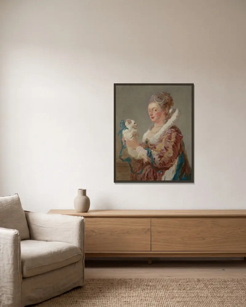 A Woman with a Dog av Jean-Honoré Fragonard inramad på en vägg