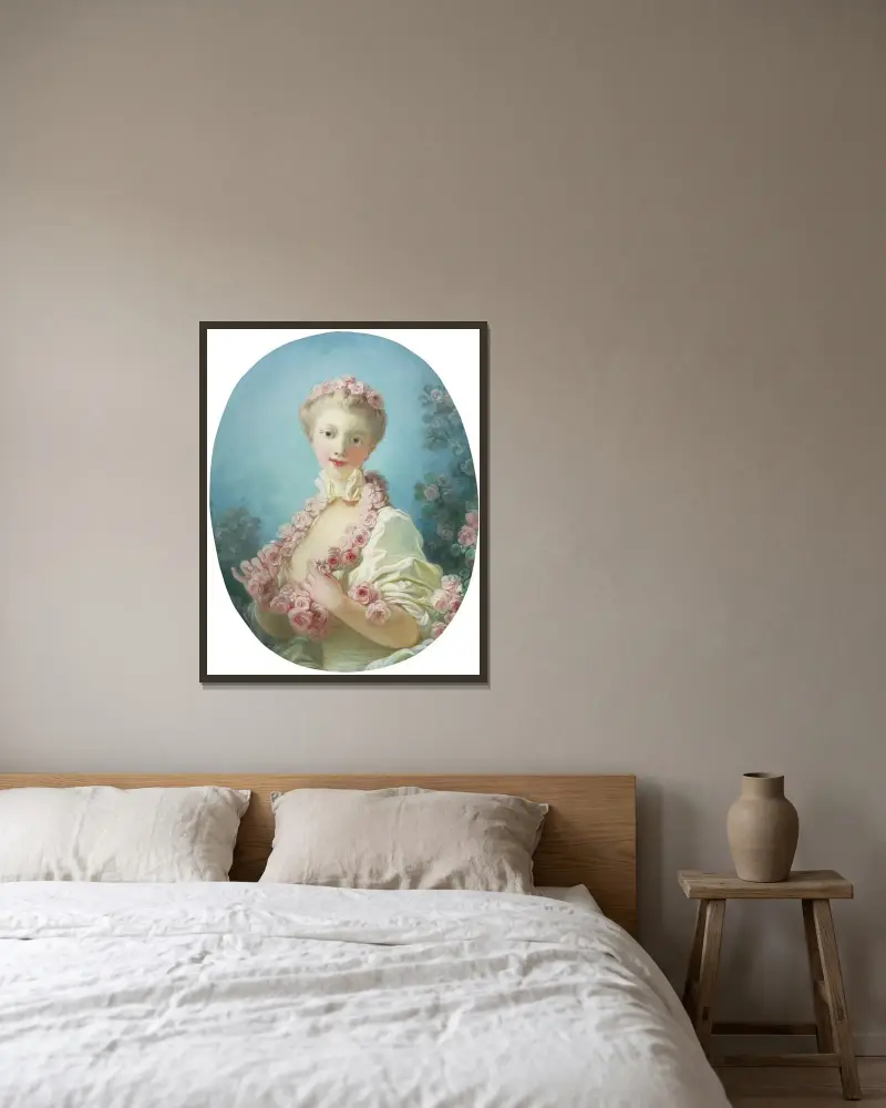 Ung blond kvinna med rosenkrans runt halsen av Jean-Honoré Fragonard inramad på en vägg