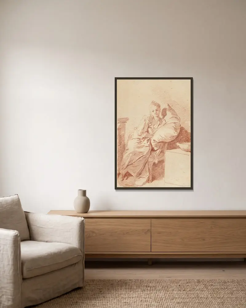 Ung flicka sittande i ett rum, lutad mot en kudde (”Den unga sjuka”) av Jean-Honoré Fragonard inramad på en vägg