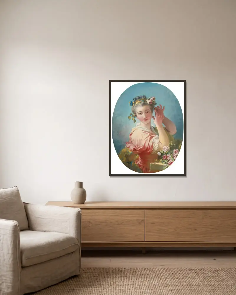 A Young Woman Adorning Her Powdered Coiffure With a Spray of Roses av Jean-Honoré Fragonard inramad på en vägg