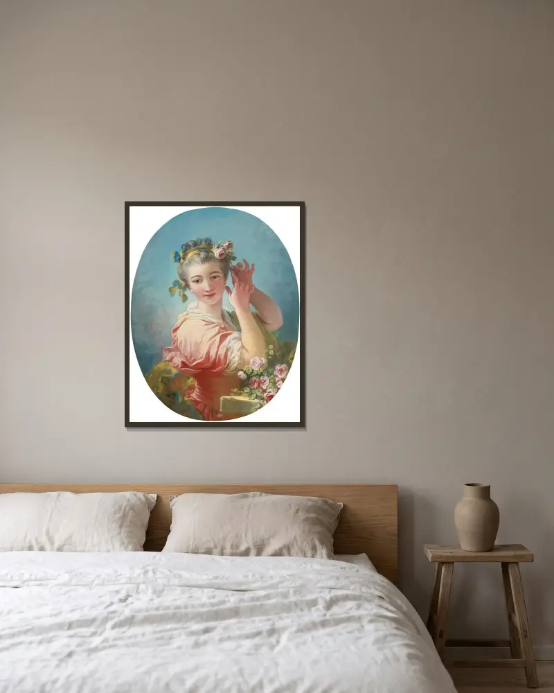 A Young Woman Adorning Her Powdered Coiffure With a Spray of Roses av Jean-Honoré Fragonard inramad på en vägg