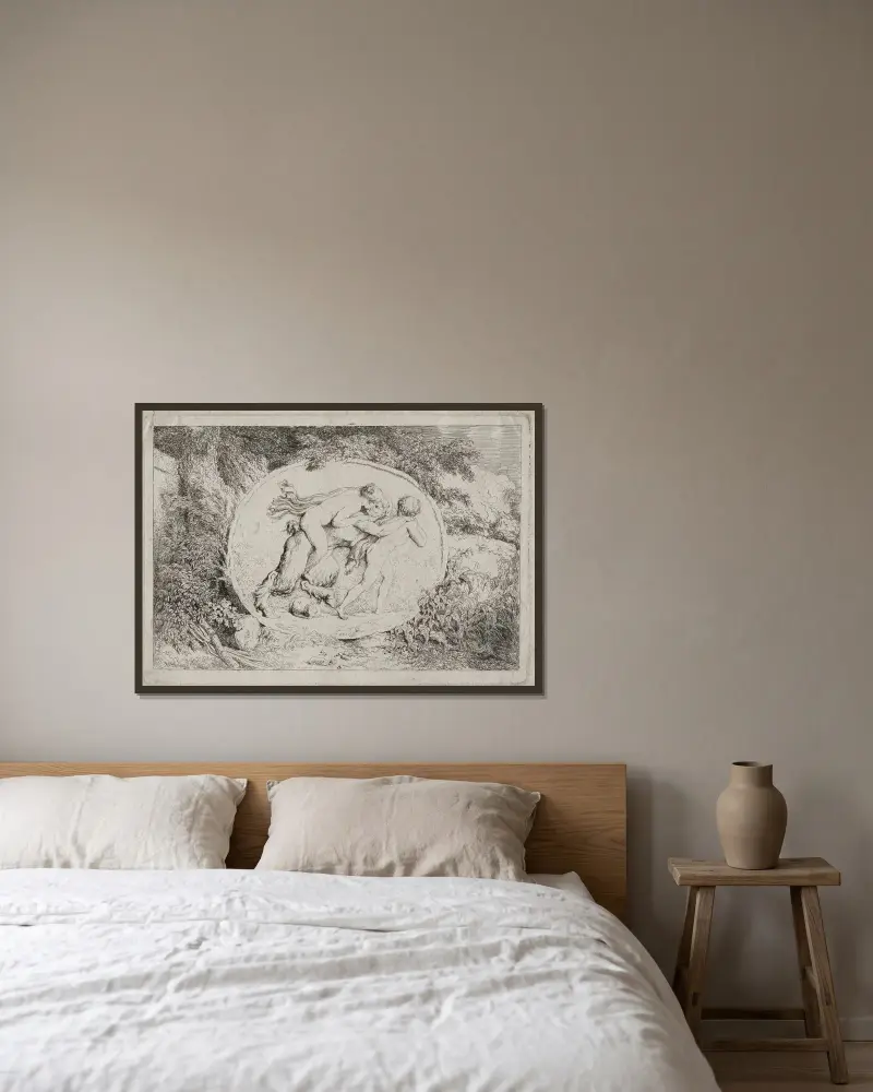 Bacchanales; Nymph Astride a Satyr av Jean-Honoré Fragonard inramad på en vägg
