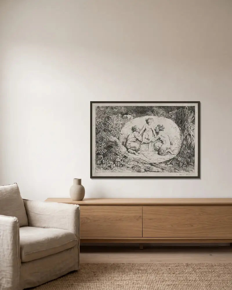 Baccharanalen von Jean-Honoré Fragonard gerahmt an einer Wand