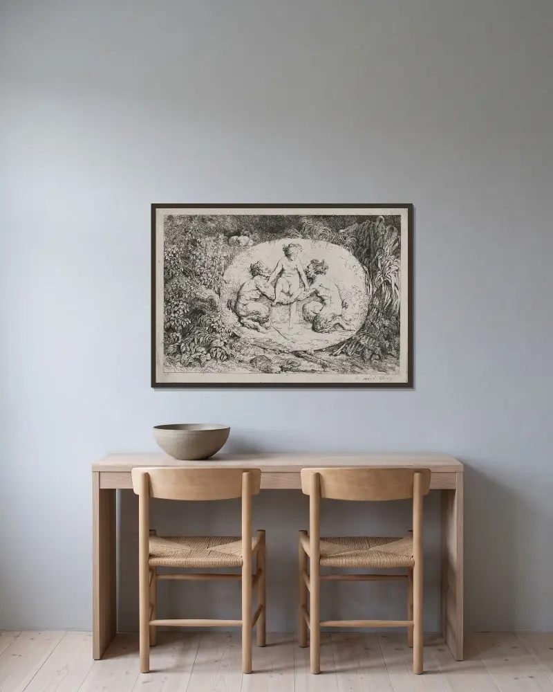 Baccharanalen von Jean-Honoré Fragonard gerahmt an einer Wand