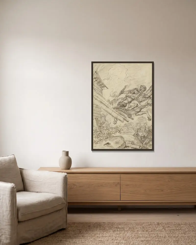 Don Quijote greift die Windmühle an von Jean-Honoré Fragonard gerahmt an einer Wand