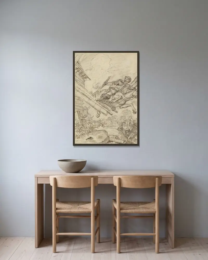Don Quijote greift die Windmühle an von Jean-Honoré Fragonard gerahmt an einer Wand