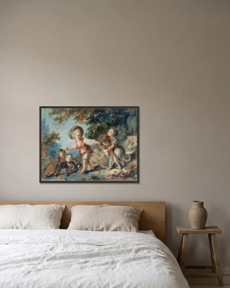 Enfants jouant avec deux chiens av Jean-Honoré Fragonard inramad på en vägg