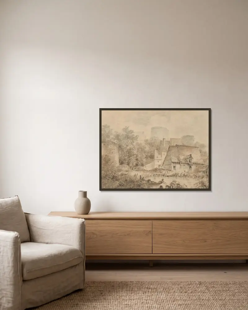 Bauernhöfe an einem Wasserweg von Jean-Honoré Fragonard gerahmt an einer Wand