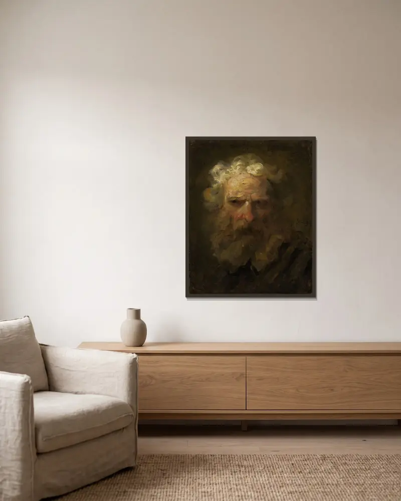 Head of an old man av Jean-Honoré Fragonard inramad på en vägg