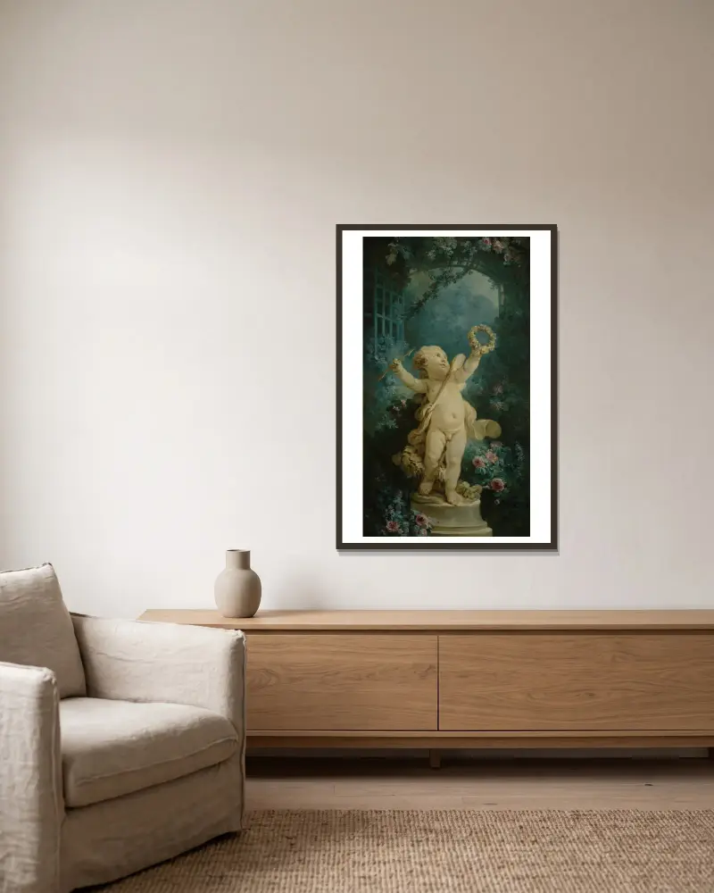 Der triumphierende Amor von Jean-Honoré Fragonard gerahmt an einer Wand