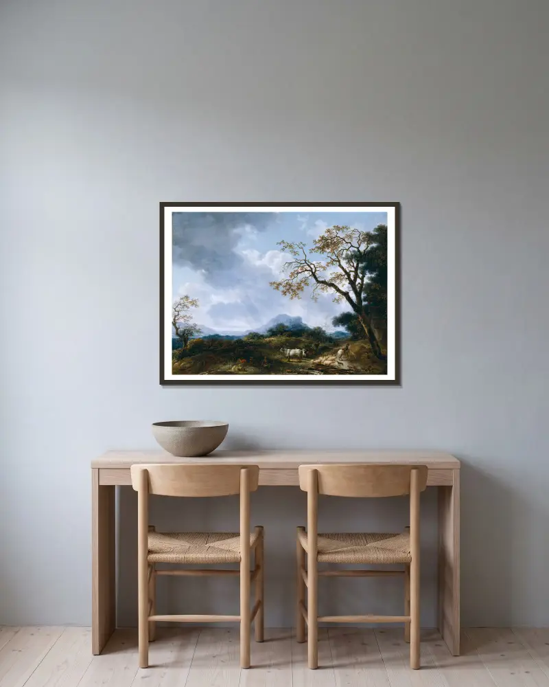 Landschaft mit vorüberziehendem Regenschauer von Jean-Honoré Fragonard gerahmt an einer Wand