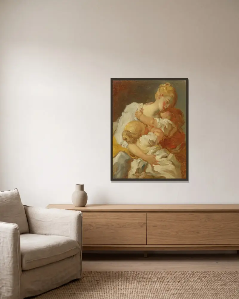 Mütterliche Küsse von Jean-Honoré Fragonard gerahmt an einer Wand