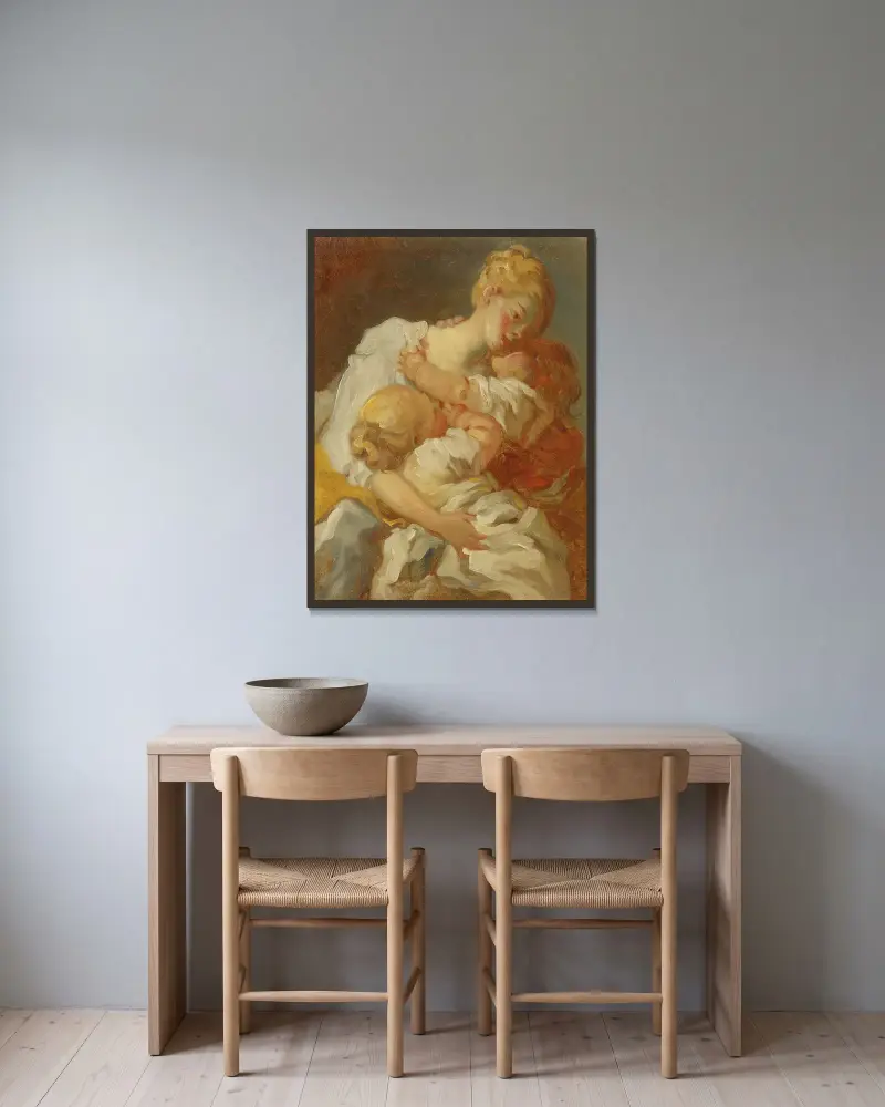 Mütterliche Küsse von Jean-Honoré Fragonard gerahmt an einer Wand