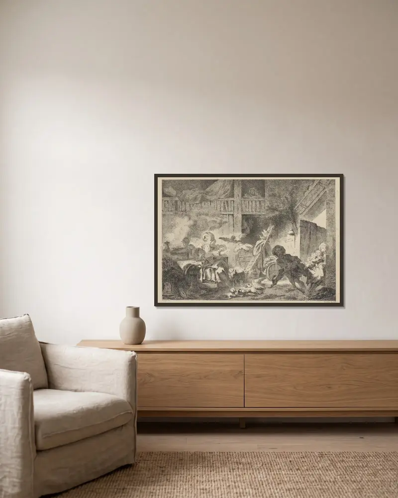 Die kleinen Bauern von Jean-Honoré Fragonard gerahmt an einer Wand