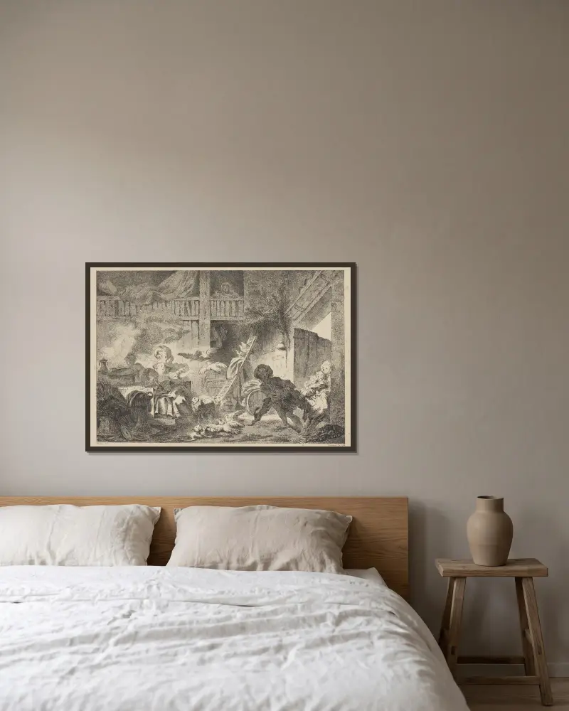 Die kleinen Bauern von Jean-Honoré Fragonard gerahmt an einer Wand