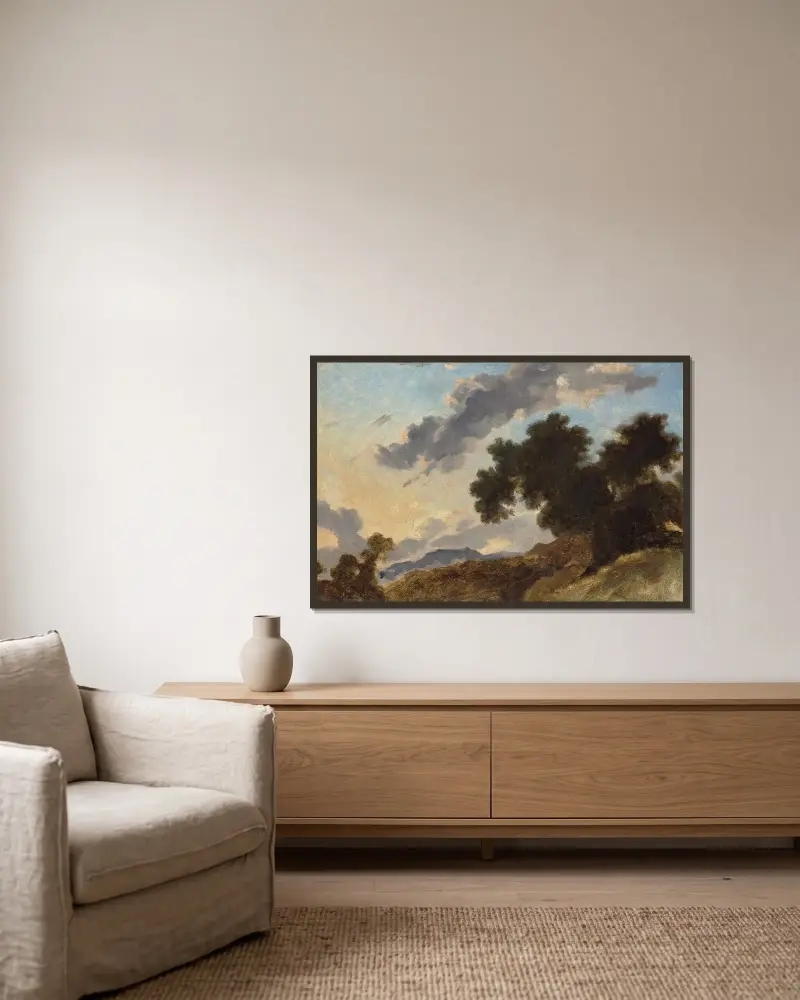 Berglandschaft bei Sonnenuntergang von Jean-Honoré Fragonard gerahmt an einer Wand