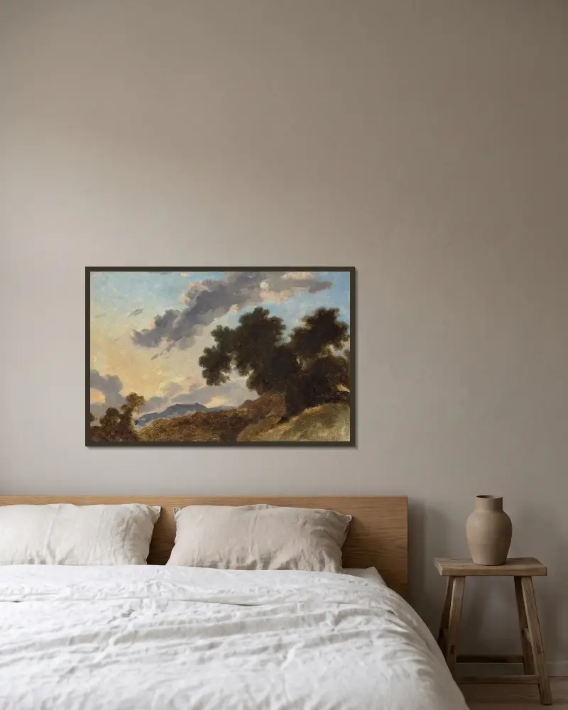 Berglandschaft bei Sonnenuntergang von Jean-Honoré Fragonard gerahmt an einer Wand