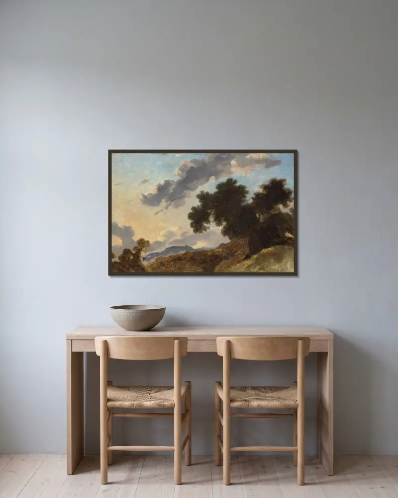 Berglandschaft bei Sonnenuntergang von Jean-Honoré Fragonard gerahmt an einer Wand
