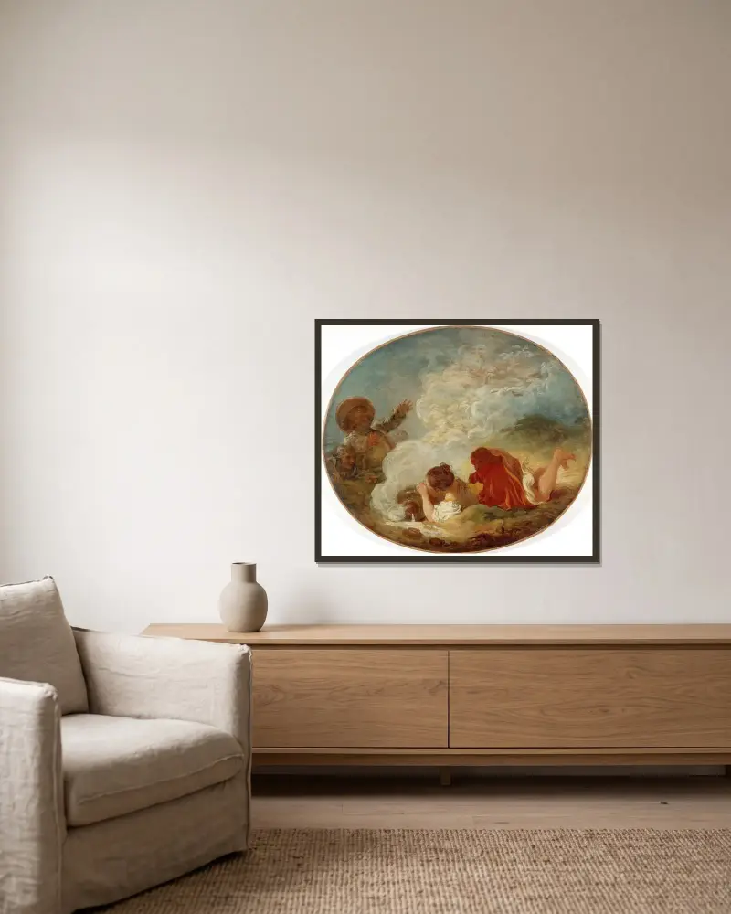 Perrette und der Milchtopf von Jean-Honoré Fragonard gerahmt an einer Wand