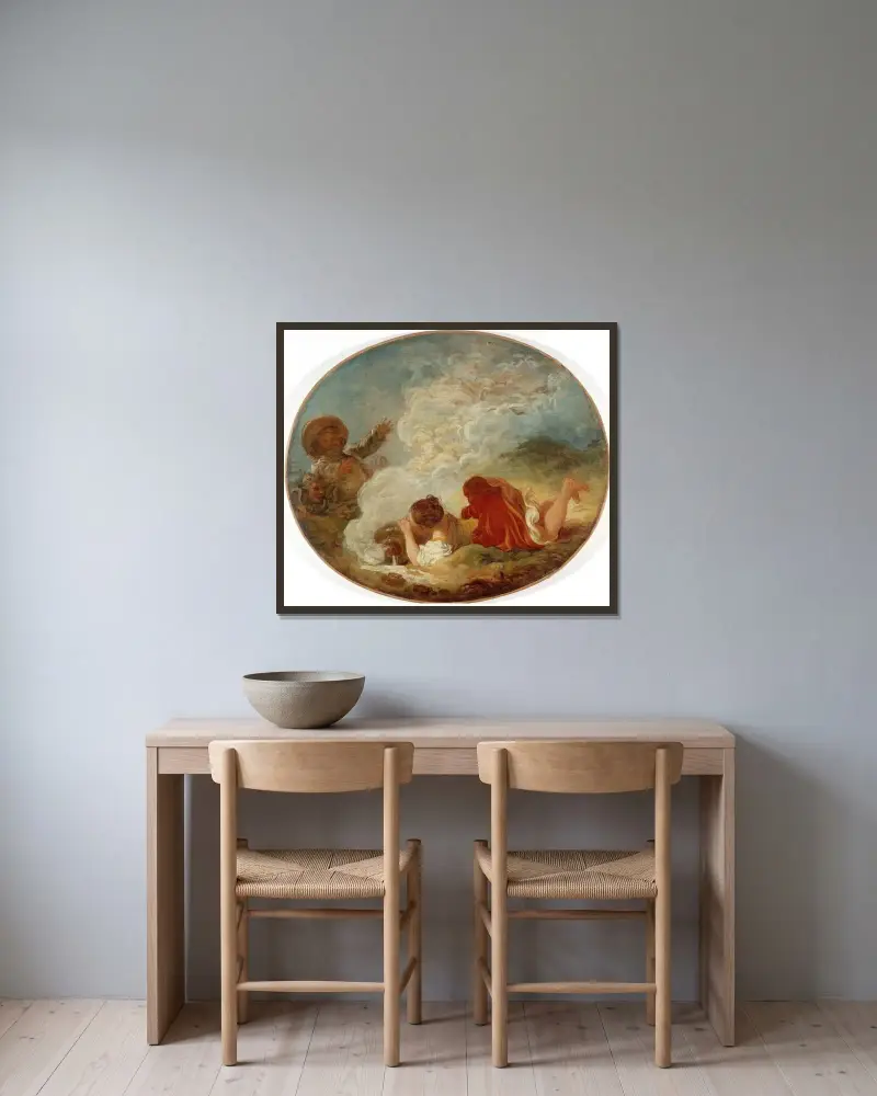 Perrette und der Milchtopf von Jean-Honoré Fragonard gerahmt an einer Wand