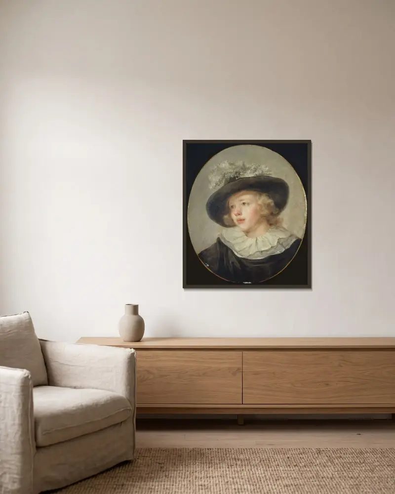 Portrait de jeune garçon avec un chapeau à plumes av Jean-Honoré Fragonard inramad på en vägg