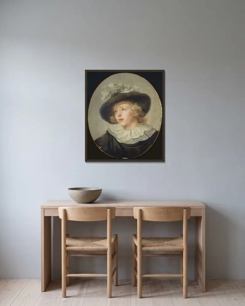 Portrait de jeune garçon avec un chapeau à plumes av Jean-Honoré Fragonard inramad på en vägg