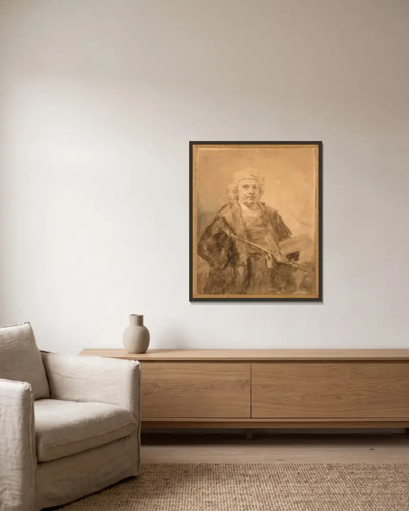 Portrait de Rembrandt à la palette av Jean-Honoré Fragonard inramad på en vägg