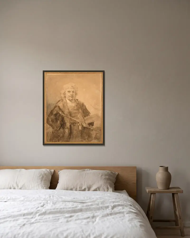 Portrait de Rembrandt à la palette av Jean-Honoré Fragonard inramad på en vägg